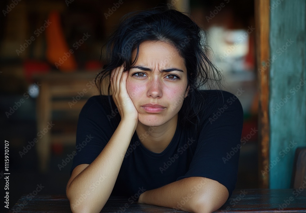 A Thoughtful Young Woman with Dark Hair Pondering Life While Resting Her Chin on Her Hand in a Cozy, Rustic Setting with Warm Tones and Natural Light A Thoughtful Young Woman with Dark Hair Pondering Life While Resting Her Chin on Her Hand in a Cozy, Rustic Setting with Warm Tones and Natural Light