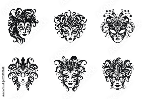 Masquerade mask featuring intricate designs and patterns, vector illustration set. Includes six decorative, black and white face guise with detailed floral and abstract elements.