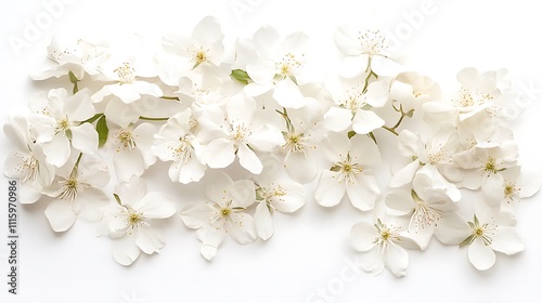 Softly arranged white flowers with intricate details, placed against a seamless white surface. 