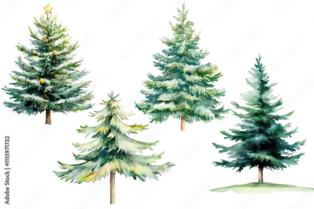 Fototapeta premium Set christmas fir tree in watercolor isolated on white or transparent background