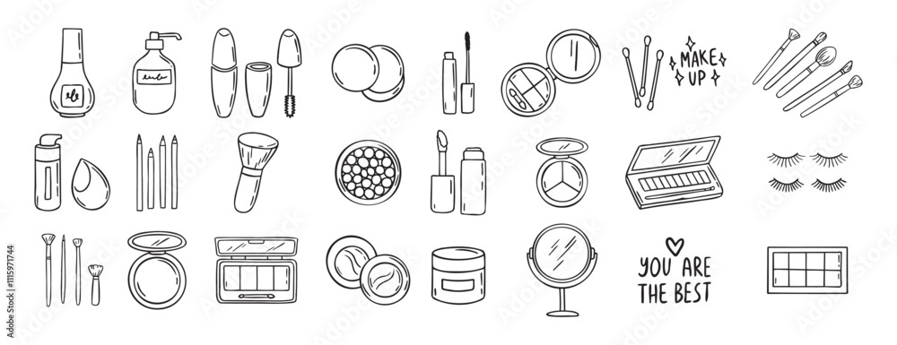 make up beauty doodle hand drawn icon set. Outline drawing cosmetics line clipart symbol