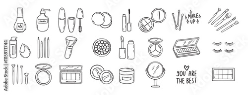 make up beauty doodle hand drawn icon set. Outline drawing cosmetics line clipart symbol