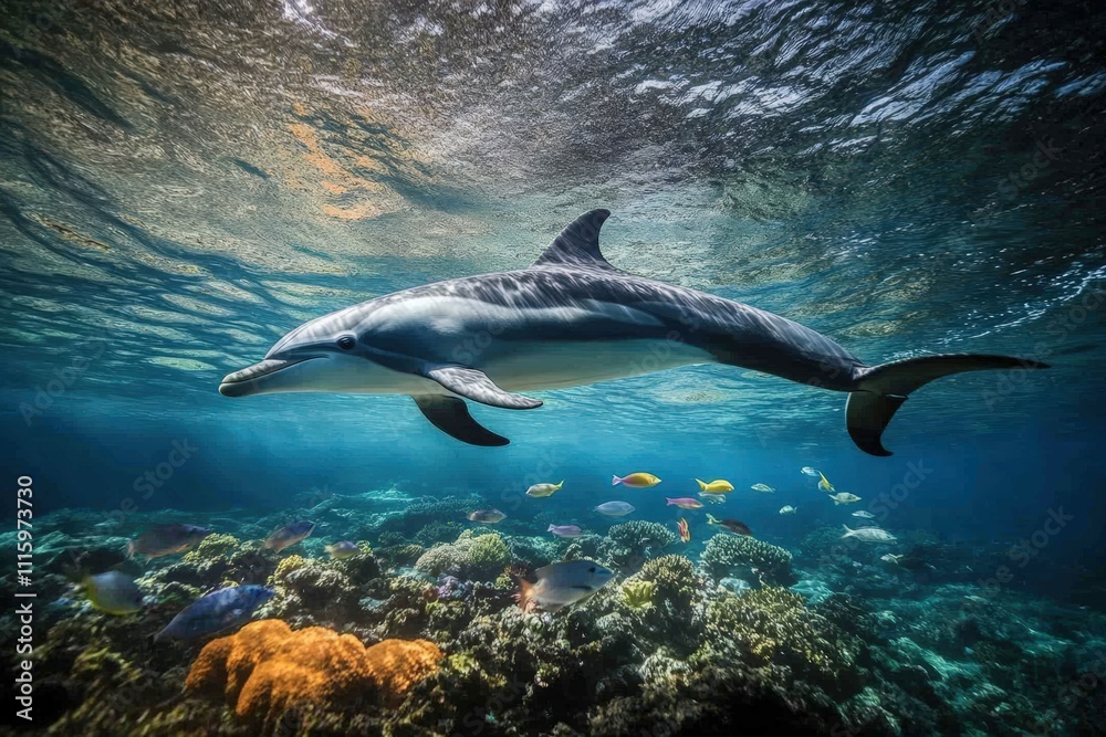 Obraz premium Two Pacific white-sided dolphins, Lagenorhynchus obliquidens, swimming underwater. Closeup. 4K. Beautiful simple AI generated image
