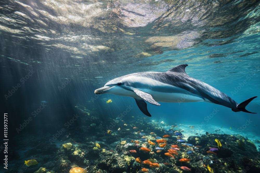 Obraz premium Two Pacific white-sided dolphins, Lagenorhynchus obliquidens, swimming underwater. Closeup. 4K. Beautiful simple AI generated image