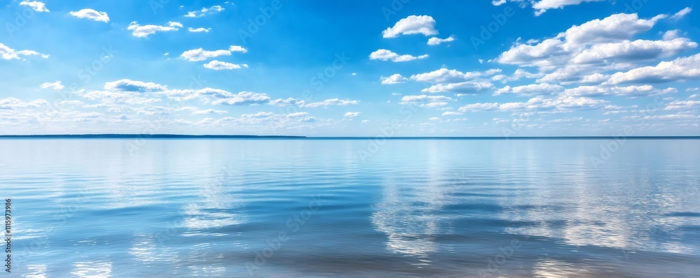 Fototapeta premium Scenic view of a serene lake mirroring puffy white clouds against a clear blue sky on a sunny summer day