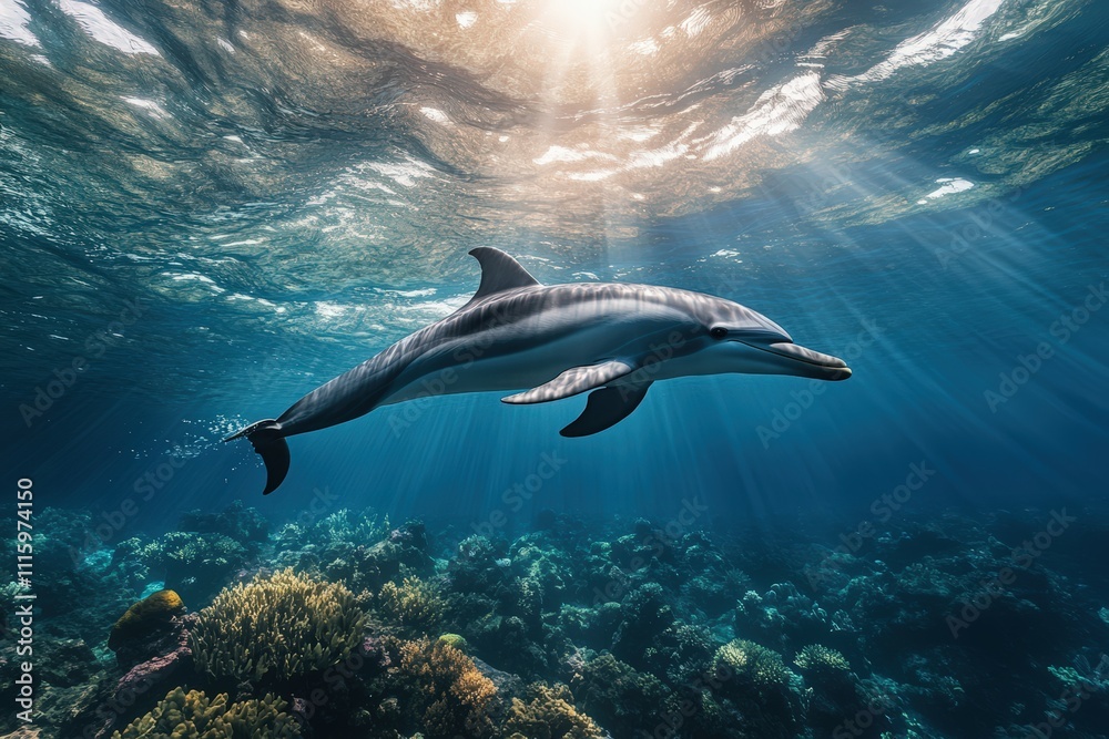 Obraz premium Two Pacific white-sided dolphins, Lagenorhynchus obliquidens, swimming underwater. Closeup. 4K. Beautiful simple AI generated image