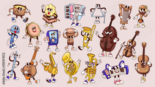 Groovy musical instruments cartoon characters set. Funny retro equipment for concert, music mascots. Cartoon funky classical and jazz instruments stickers of 70s 80s style vector illustration