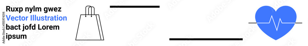 Shopping bag with handle icon alongside heart ECG line symbol, separated by horizontal lines and text placeholder. Ideal for marketing, e-commerce, healthcare, retail promotions, lifestyle Shopping bag with handle icon alongside heart ECG line symbol, separated by horizontal lines and text placeholder. Ideal for marketing, e-commerce, healthcare, retail promotions, lifestyle