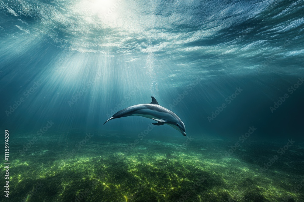 Fototapeta premium Two Pacific white-sided dolphins, Lagenorhynchus obliquidens, swimming underwater. Closeup. 4K. Beautiful simple AI generated image
