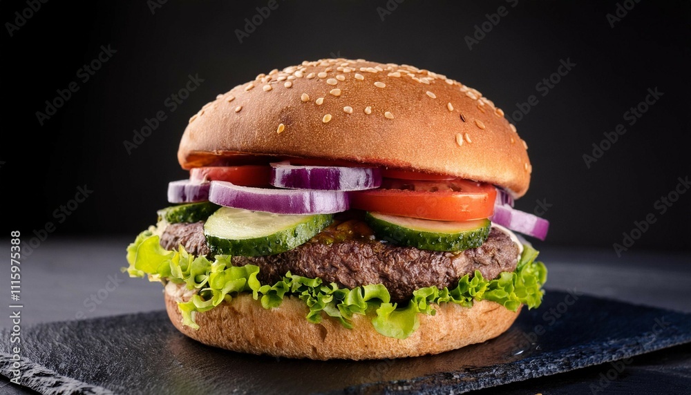 beef burger with tomatoes red onions cucumber and lettuce on black slate over dark background unhealthy food