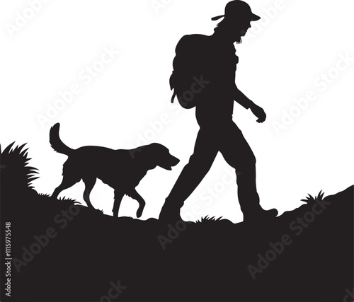 hiking man and his dog silhouette, vector illustration