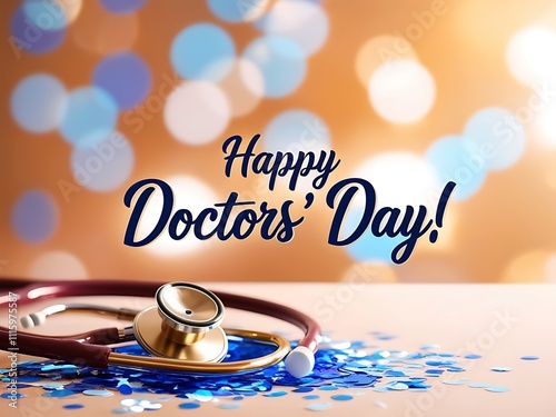 Happy Doctors Day Stethoscope and Confetti Celebration