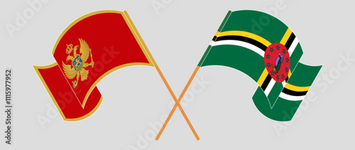 Crossed and waving flags of Montenegro and Dominica. Vector illustration