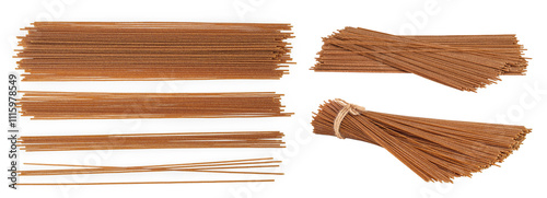 raw wholegrain spaghetti isolated on a white background. Top view. Flat lay