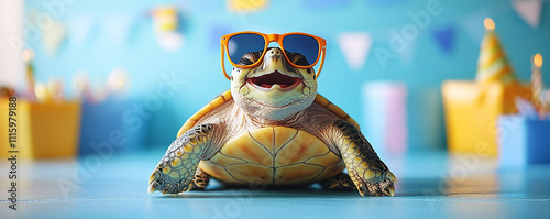 A happy turtle in sunglasses with a playful blue birthday background