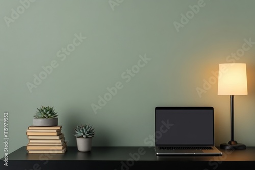 A minimalist workspace featuring a laptop, books, and potted plants, creating a calming and productive atmosphere.