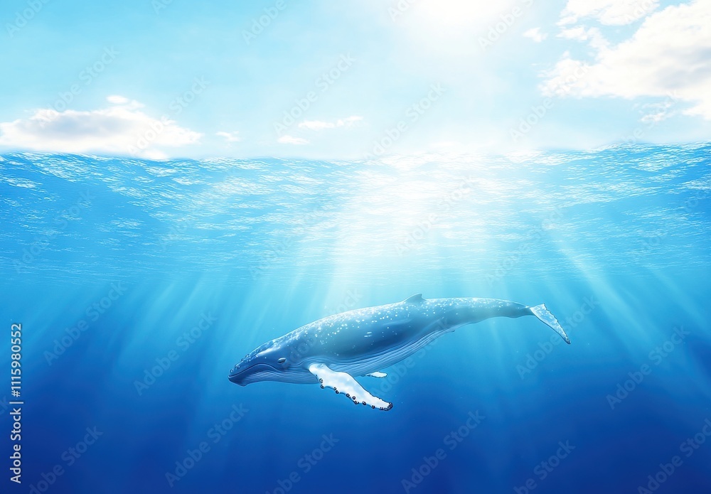 Fototapeta premium Majestic Humpback Whale Swimming Gracefully Under Clear Blue Ocean Waves Illuminated by Sunlight with Gentle Rays Penetrating the Surface