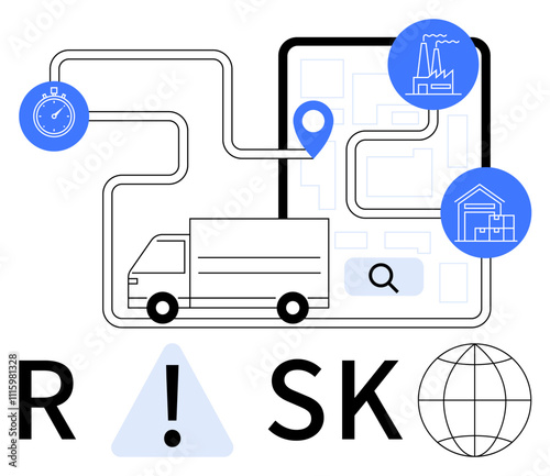 Delivery truck navigating complex route with location pin, stopwatch, factory, warehouse, magnifying glass, word RISK, warning sign, and globe icon. Ideal for logistics supply chain risk photo