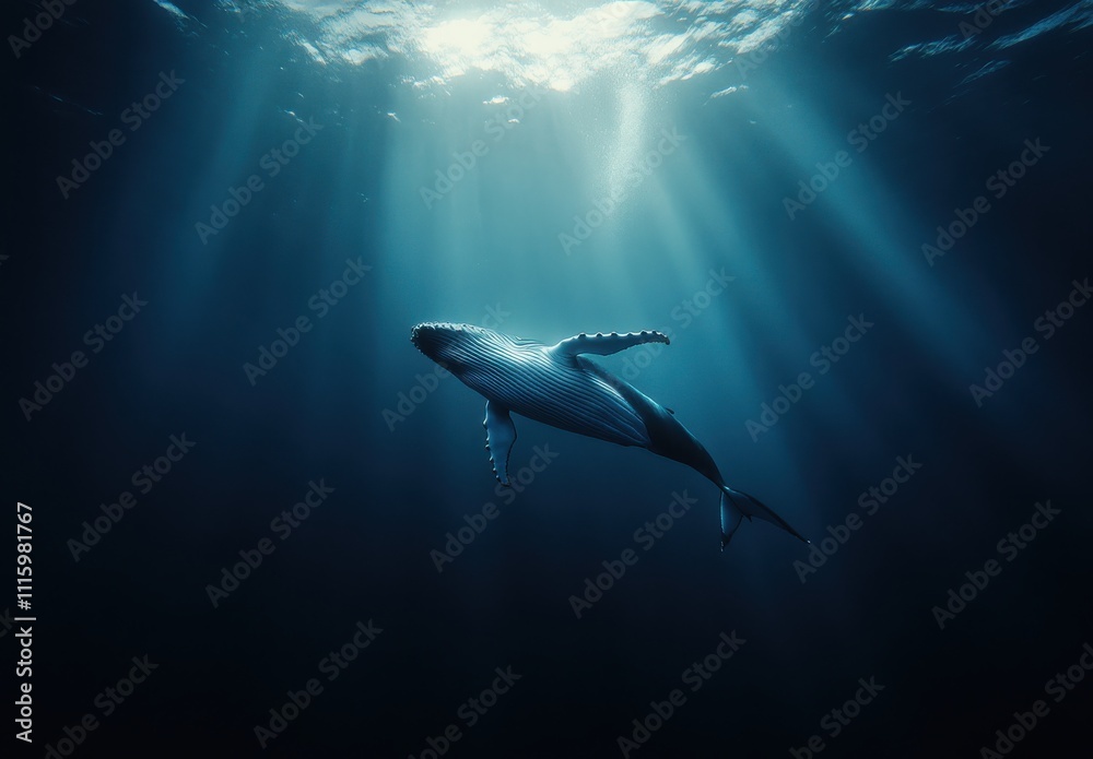 Obraz premium Majestic Whale Gliding Through the Deep Ocean Waters with Sunlight Rays Piercing the Surface Creating a Serenity of Underwater Beauty