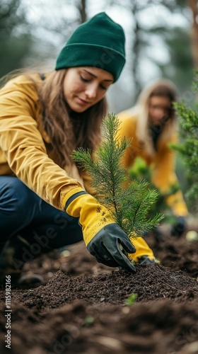 Volunteers planting trees in a community reforestation project photo