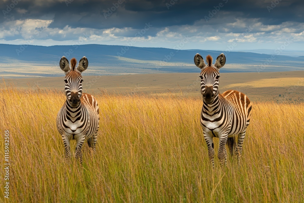 Obraz premium Burchell's zebras grooming, Hluhluwe Game Reserve, Kwazulu-Natal, South Africa. Beautiful simple AI generated image