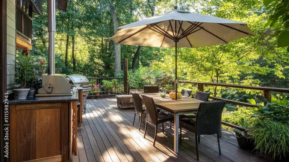 Obraz premium Bright and airy kitchen with cooking cabinets and a dining table set outdoors on a deck, shaded by a large umbrella