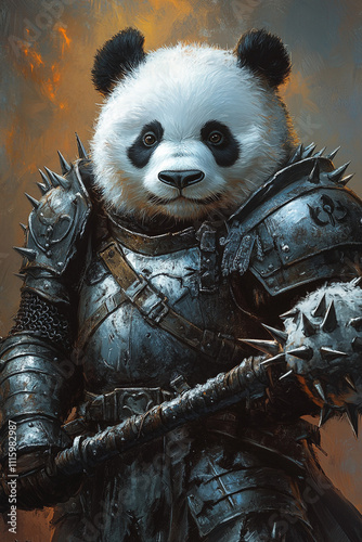 A panda in knight armor carrying a spiked mace photo