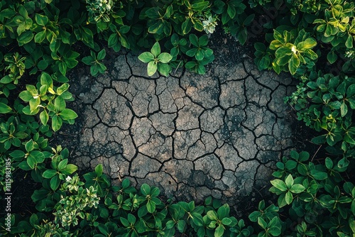 Cracked Earth with Green Foliage in Arid Land, Symbolizing Resilience and Contrast Amid Climate Change photo