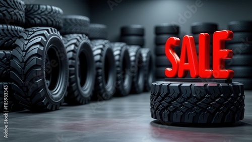 A bright red sale sign is prominently placed on a tire, surrounded by a large stock of tires lined up along the walls of a well lit tire shop, suggesting a promotional event on tire products. photo