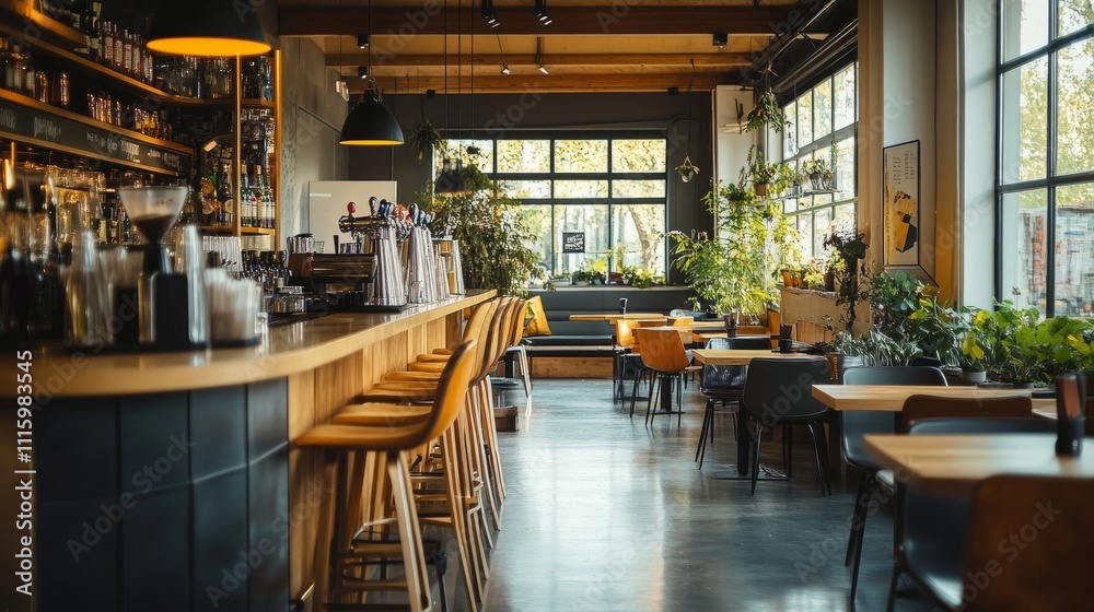 Cafe with a glossy bar island, rows of chic wooden dining tables, and plush chairs, framed by artistic wall decor. Cafe with a glossy bar island, rows of chic wooden dining tables, and plush chairs, framed by artistic wall decor.