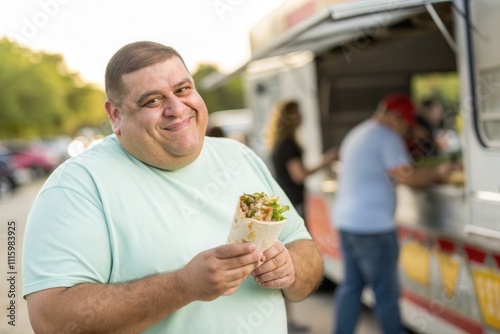 A man smiles happily as he holds a taco filled with fresh ingredients. In the background, a food truck is busy serving customers in a vibrant outdoor setting during the evening, creating a lively atmo photo