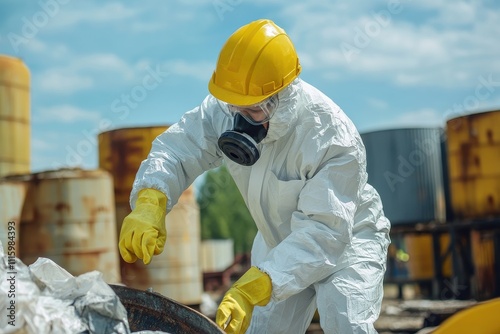 Worker in hazmat suit and safety gear handling hazardous materials in an industrial area ensuring safe waste disposal