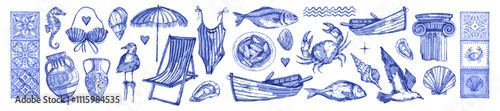 Mediterranean summer vacation doodle icon set, vector watercolor hand drawn sea shore collection. Nautical vintage holiday illustration, boat, seagull, seafood ink decoration object. Summer vacation