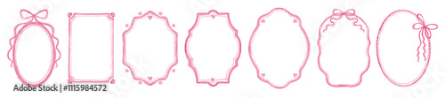 Pink watercolor frame vector set, coquettish doodle border, romantic wedding invitation love decor. Hand drawn minimal trendy ribbon, elegant heart design object, Valentine day graphic. Doodle frame