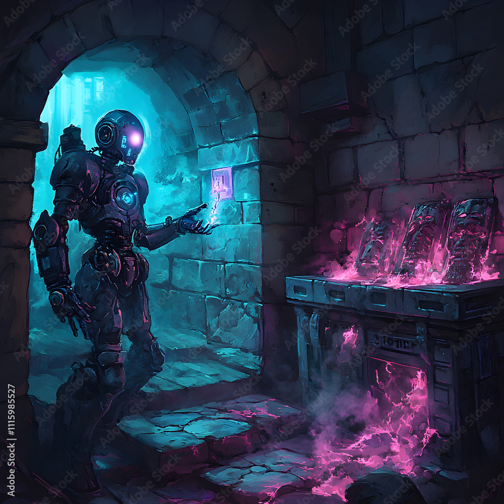 Obraz premium Ai automaton unlocking secrets in gothic ruins digital art mysterious environment sci-fi concept