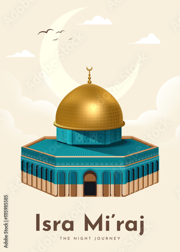 Al-Isra wal Mi'raj Translate: The night journey Prophet Muhammad Vector Illustration For Poster Template and Flyer, Simple Background of Isra Mi'raj Ceremony