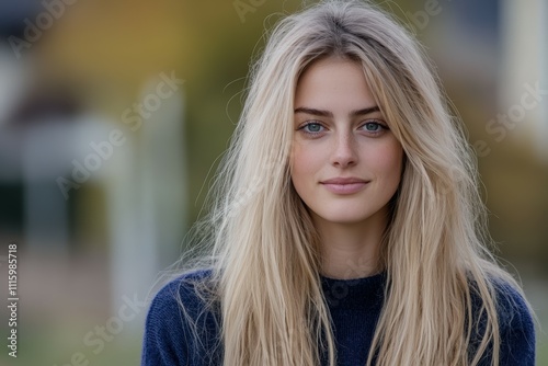  Radiant close-up of a young woman with curly hair, smiling joyously as she touches her lush locks.. Beautiful simple AI generated image