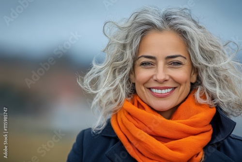 Portrait of a beautiful middle-aged woman with white hair on a dark background. Beautiful simple AI generated image