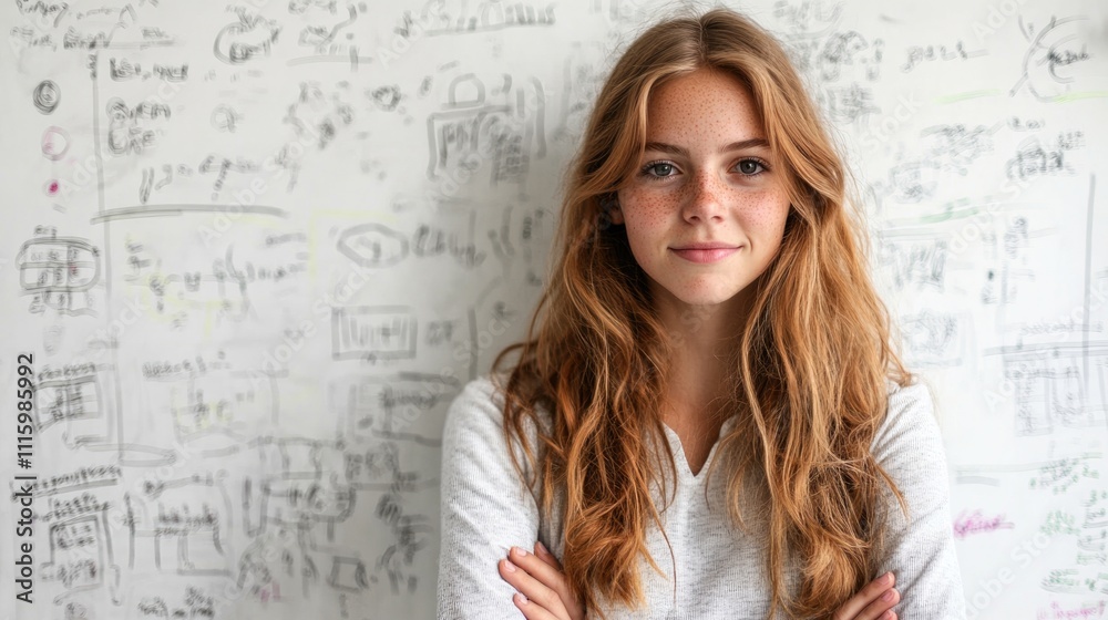 Fototapeta premium A confident young woman stands with arms crossed in front of a wall covered in sketches and notes typical of a creative space