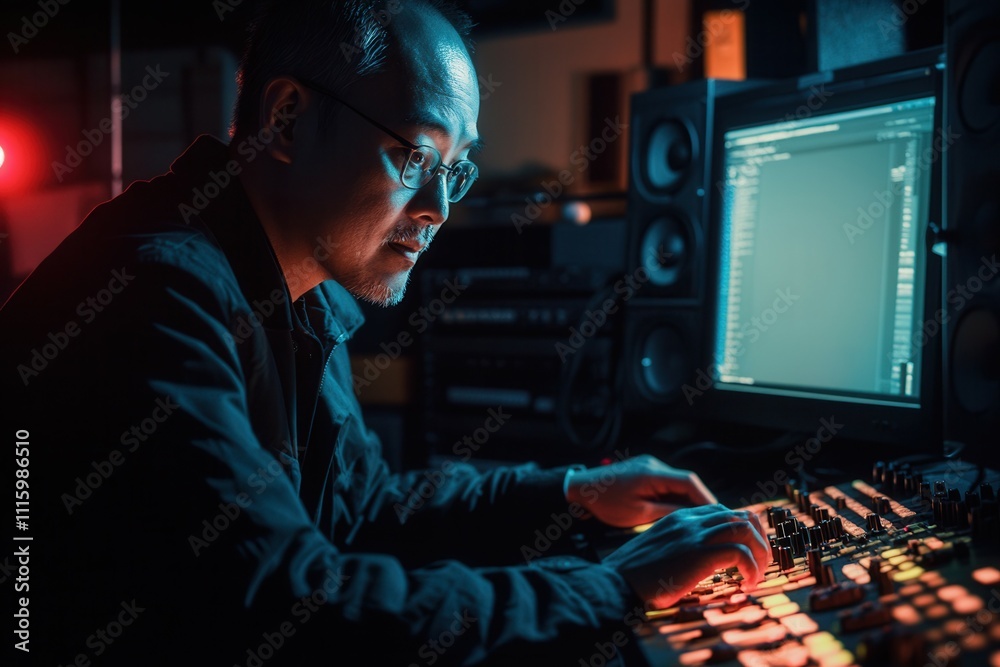 A focused music producer works intently at his desk, adjusting knobs and mixing tracks. The dimly lit studio features multiple monitors and equipment, creating an immersive environment for sound creat A focused music producer works intently at his desk, adjusting knobs and mixing tracks. The dimly lit studio features multiple monitors and equipment, creating an immersive environment for sound creat