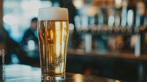 A glass of cold beer with golden liquid and a thick white head, set against a blurred background of a lively pub.