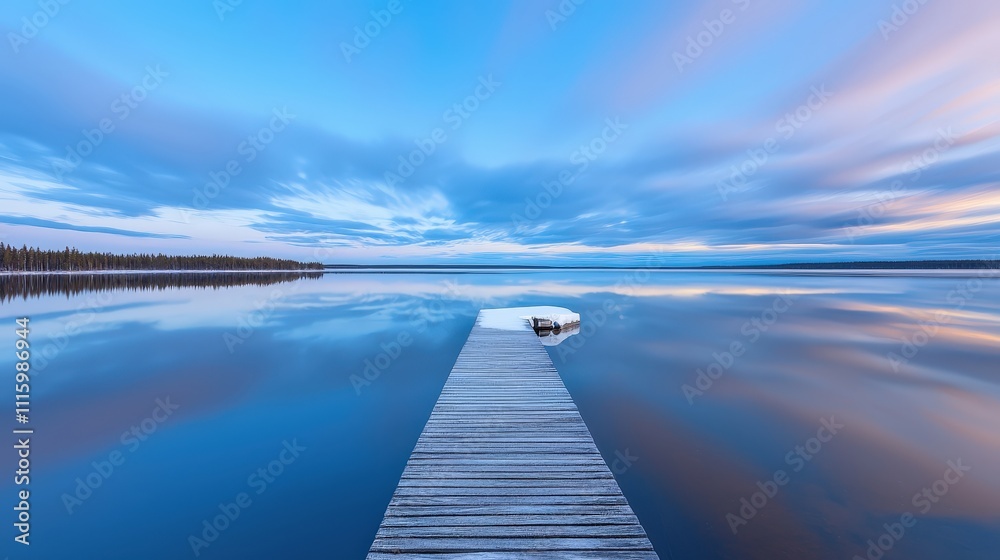 Obraz premium Serene Lake Wooden Dock Tranquil Sunset Sky Reflection