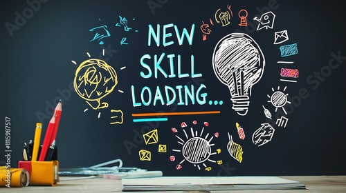Chalkboard with 'new skill loading' and doodles symbolizes learning and growth.
