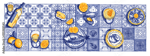 Italian dinner table, vector hand drawn watercolor azulejo background, wine bottle, glass, plate. Sea food blue banner, Mediterranean restaurant graphic, oyster conch lemon fruit. Vintage dinner table
