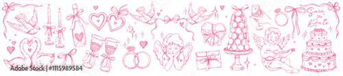 Pink wedding doodle decoration set, vector hand drawn celebration invitation graphic, cute cherub. Love line romantic collection, wine glass, swan couple, coquettish ribbon bow decor. Wedding doodle