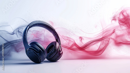 Black stylish headband headphones on creative colored smoke background