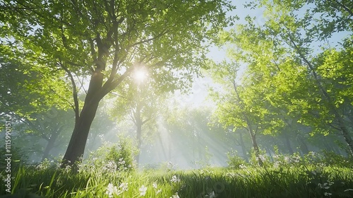 Silent Forest in Spring with Beautiful Bright Sun photo