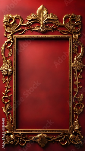 A vintage red leather surface with intricate gold embossing in the form of a decorative frame, showcasing an aged and regal design.leather texture,red leather,vintage.