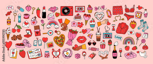 Vintage set stickers of Valentine's Day and Love. Line art design concept of romantic elements and symbols. Doodle pack for daily planner, scrapbooking, print. Hand drawn retro vector illustration