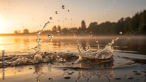 Sunset water splash action tranquil lake nature photography serene landscape close-up view dynamic motion for relaxation photo